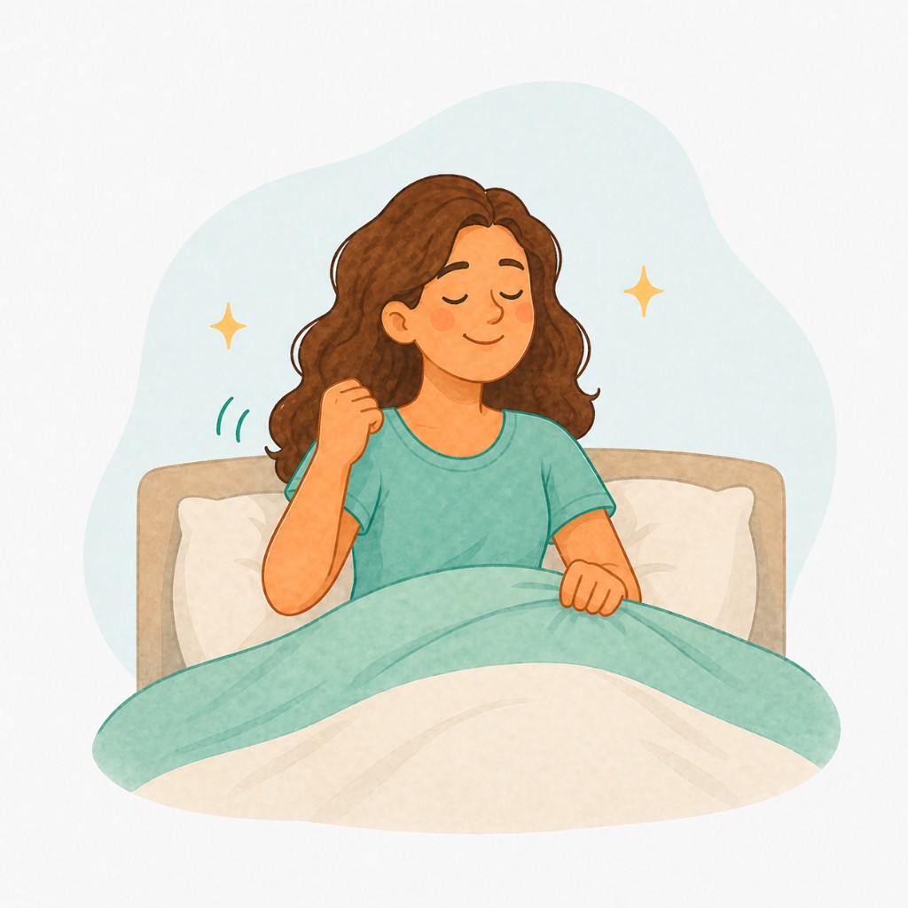 Illustration: a person in bed, resting peacefully, suggesting a small moment of relief.