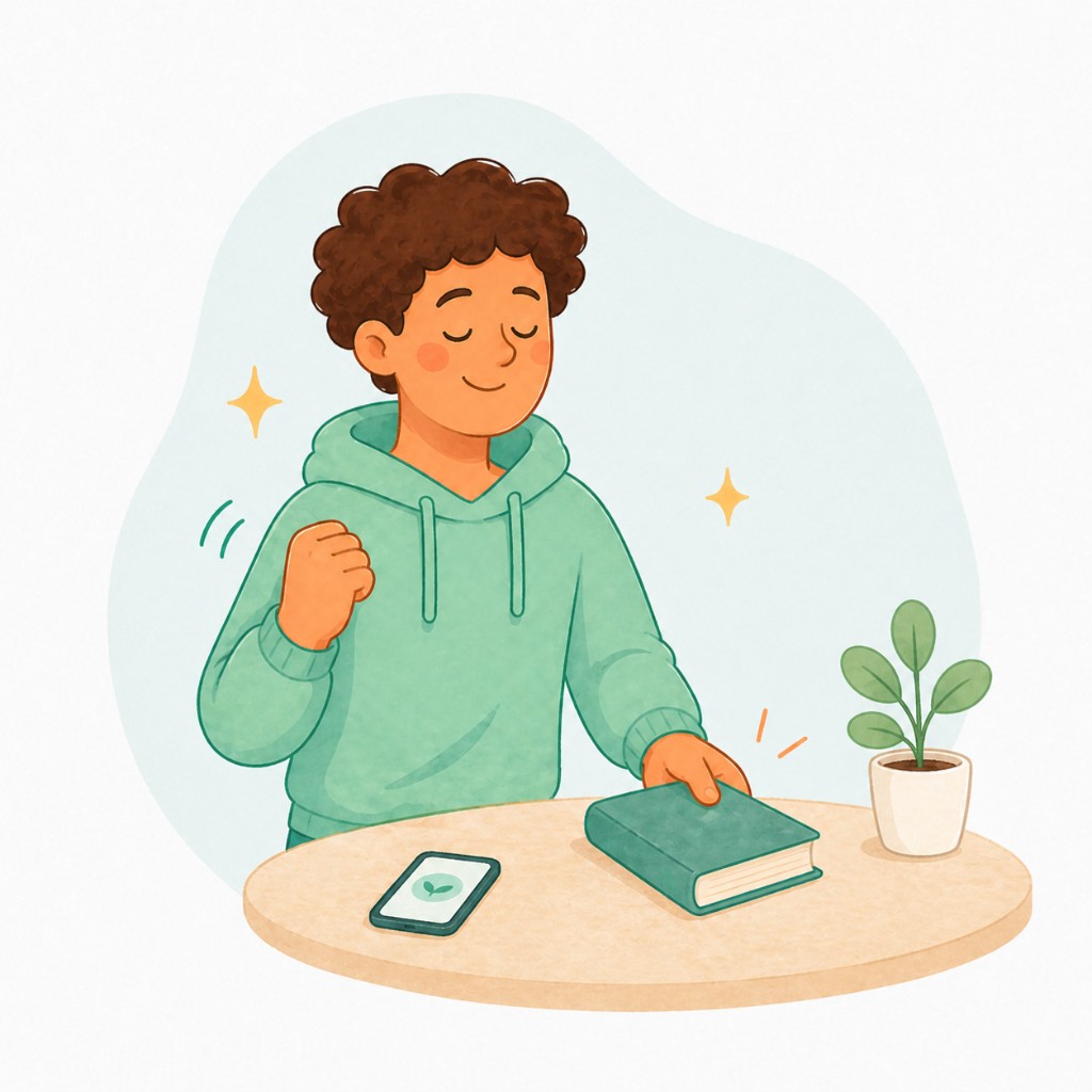 Illustration: a person at a table placing a book down in a small, calm action.