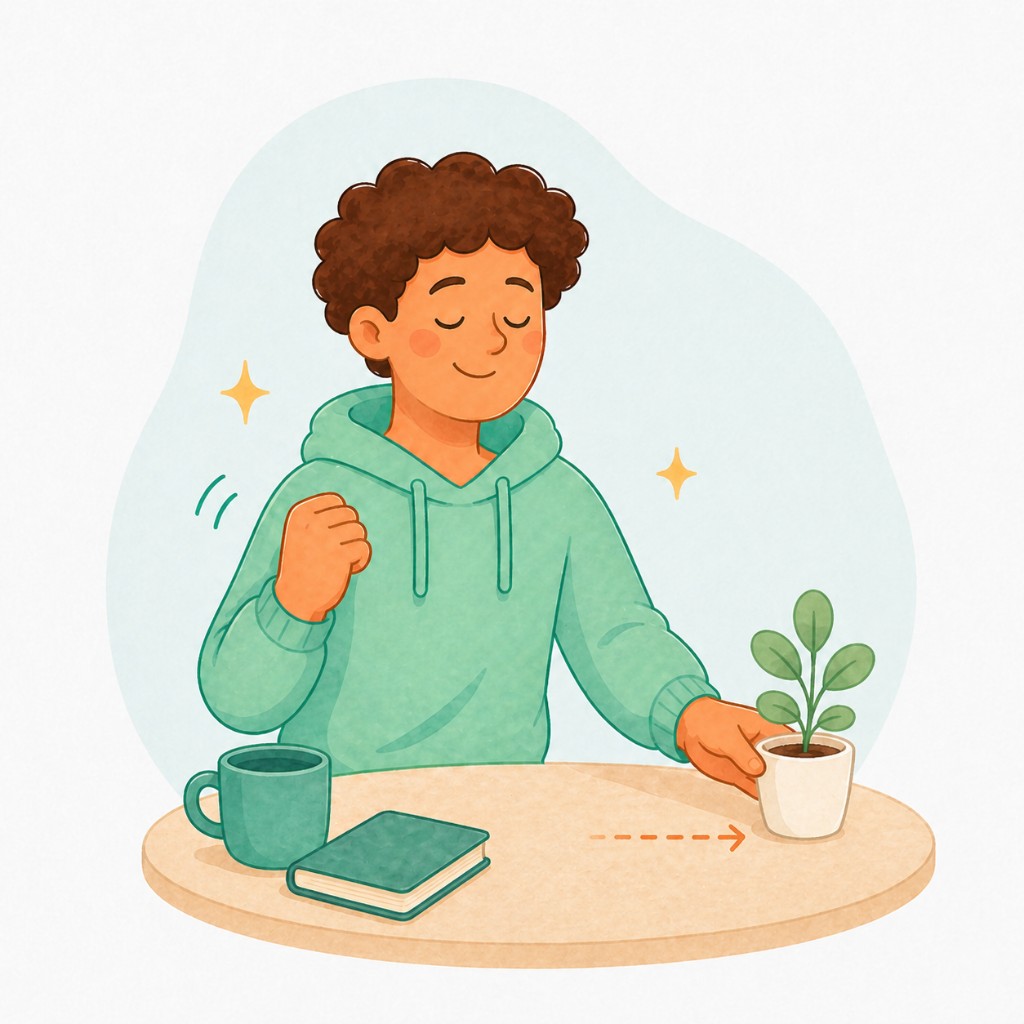 Illustration: a small, gentle change at a table — nudging a plant.