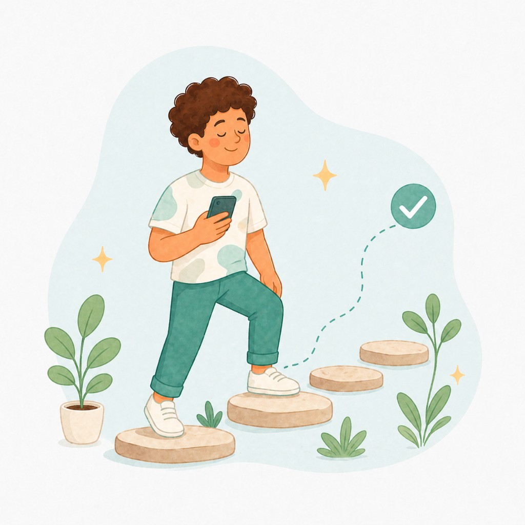 Illustration: a person on stepping stones, moving upward one step at a time.